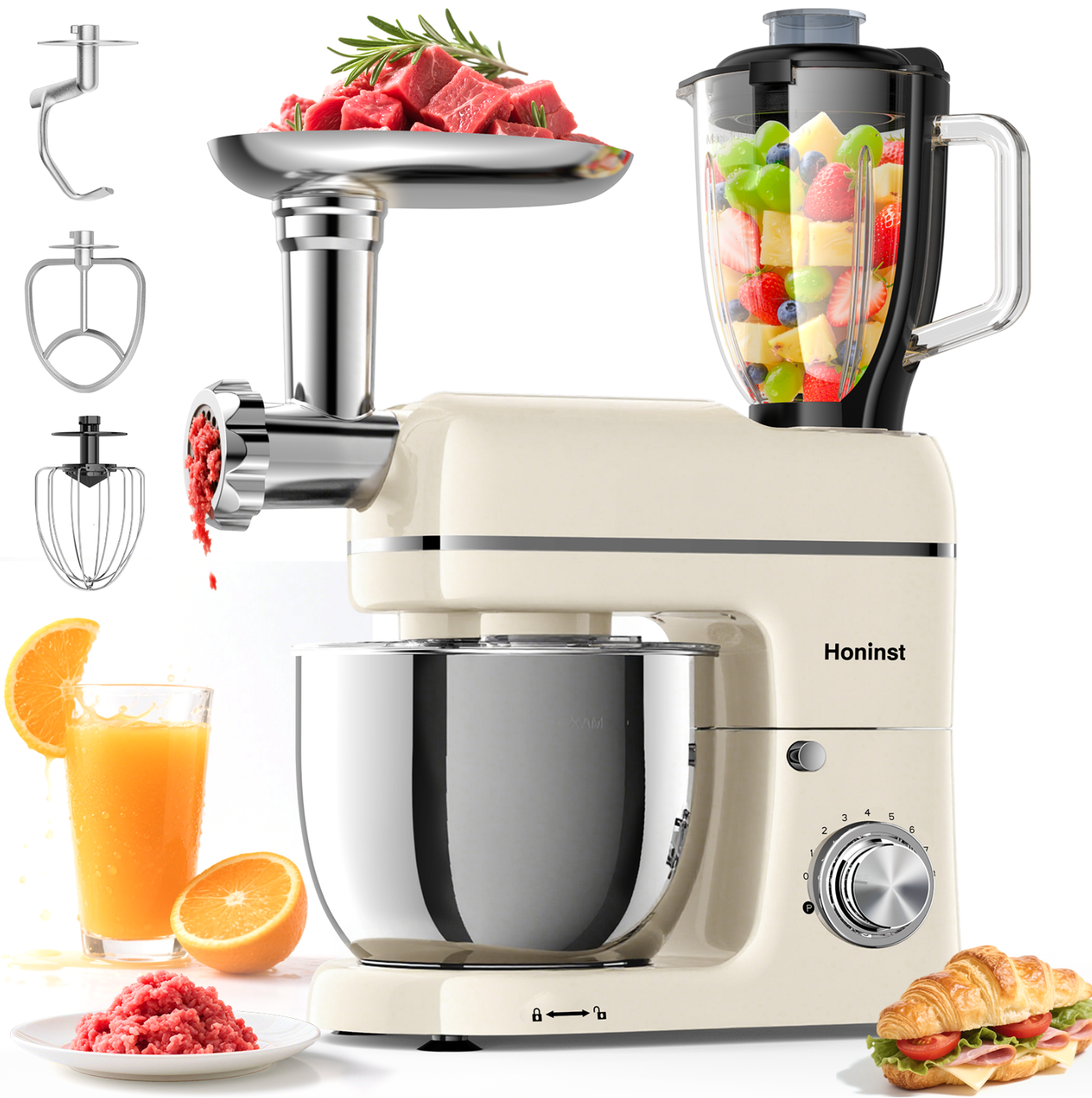 Honinst 7-IN-1 Multifunctional Stand Mixer, 6.5 QT 8-Speed Tilt-Head Kitchen Mixer, Electric Food Mixer with Meat Grinder, Juice Blender, Dough Hook, Beater, Whisk, Bowl for Most Home Cooks