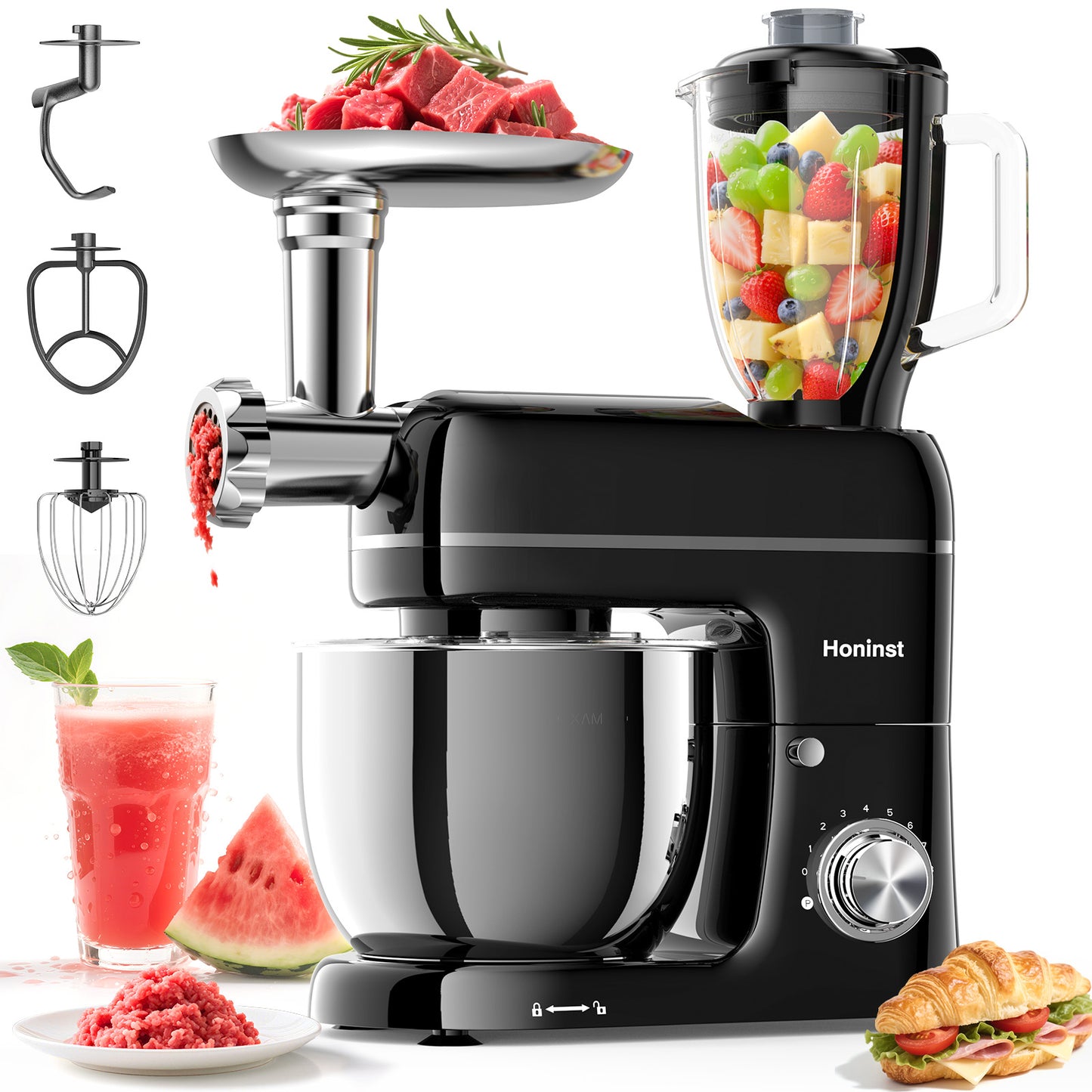 Honinst 7-IN-1 Multifunctional Stand Mixer, 6.5 QT 8-Speed Tilt-Head Kitchen Mixer, Electric Food Mixer with Meat Grinder, Juice Blender, Dough Hook, Beater, Whisk, Bowl for Most Home Cooks