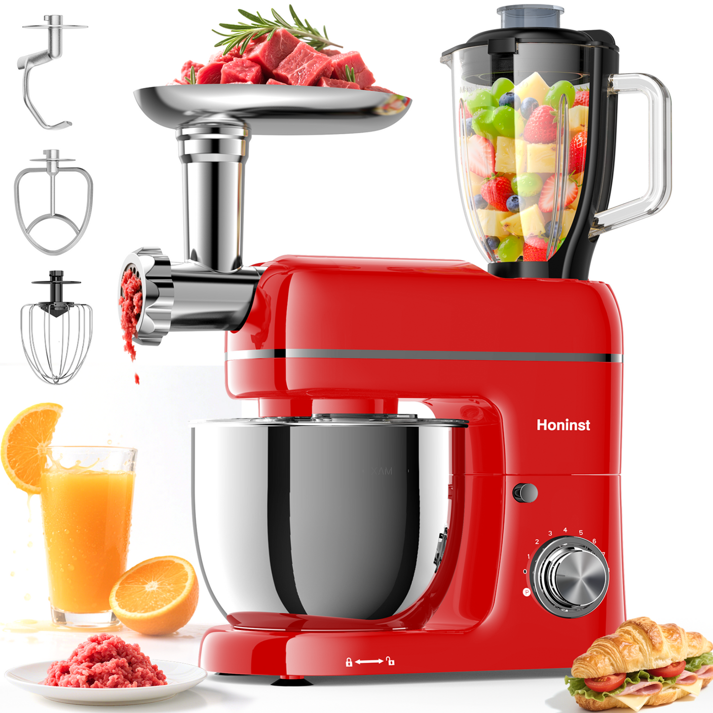 Honinst 7-IN-1 Multifunctional Stand Mixer, 6.5 QT 8-Speed Tilt-Head Kitchen Mixer, Electric Food Mixer with Meat Grinder, Juice Blender, Dough Hook, Beater, Whisk, Bowl for Most Home Cooks