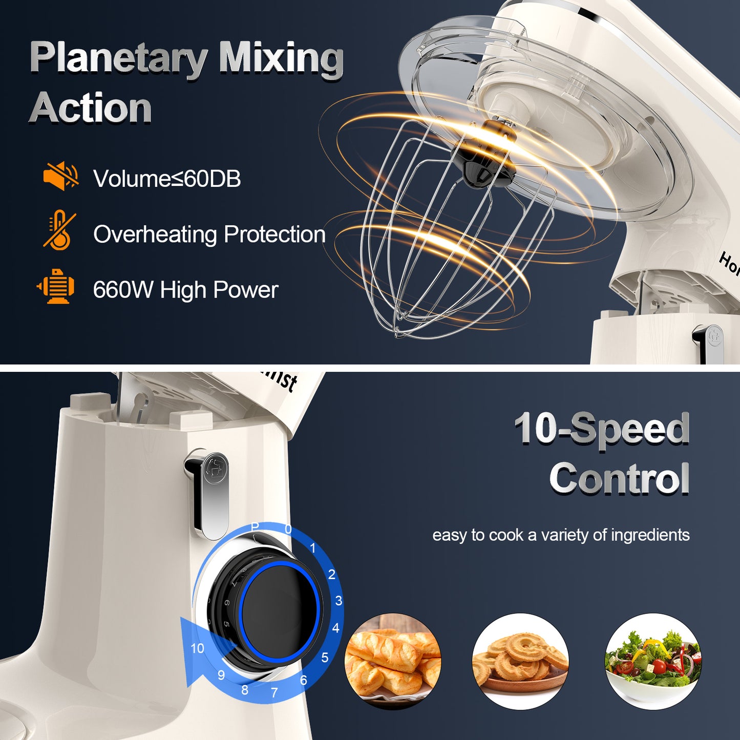 Honinst 6.5 QT Electric Stand Mixer, 10+P Speeds Lightweight with Tilt-Head Kitchen Stand Mixer, Dough Hook, Whisk, Beater and Bowl, Food Mixer for Baking, Cake and Most Home Cooks