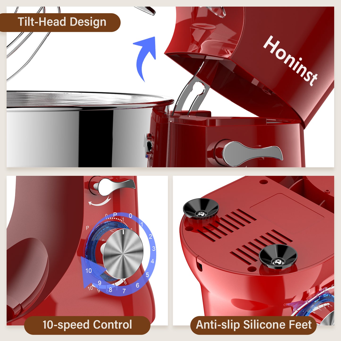 Honinst 5.5 QT Stand Mixer, Lightweight 10+P Speeds with Tilt-Head Electric Mixer, Kitchen Mixer with Dough Hook, Whisk, Beater, Bowl for Baking, Cake and Most Home Cooks