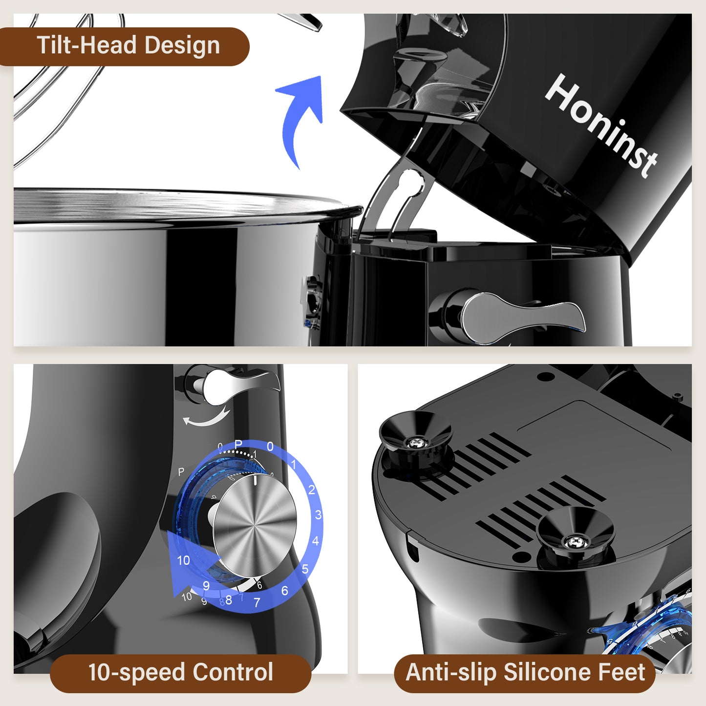 Honinst 5.5 QT Stand Mixer, Lightweight 10+P Speeds with Tilt-Head Electric Mixer, Kitchen Mixer with Dough Hook, Whisk, Beater, Bowl for Baking, Cake and Most Home Cooks