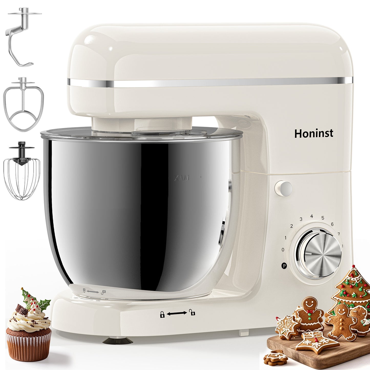 Honinst 6 QT Stand Mixer, Lightweight 8+P Speeds with Tilt-Head Electric Mixer, Kitchen Mixer with Dough Hook, Whisk, Beater, Bowl for Baking, Cake and Most Home Cooks