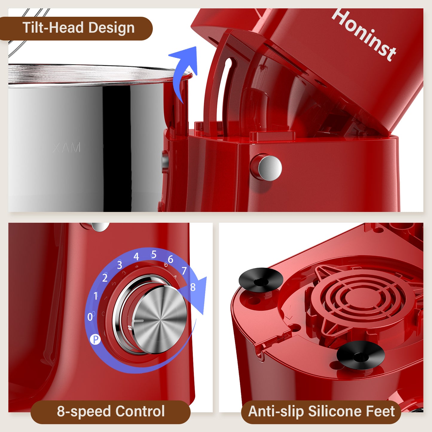 Honinst 6 QT Stand Mixer, Lightweight 8+P Speeds with Tilt-Head Electric Mixer, Kitchen Mixer with Dough Hook, Whisk, Beater, Bowl for Baking, Cake and Most Home Cooks