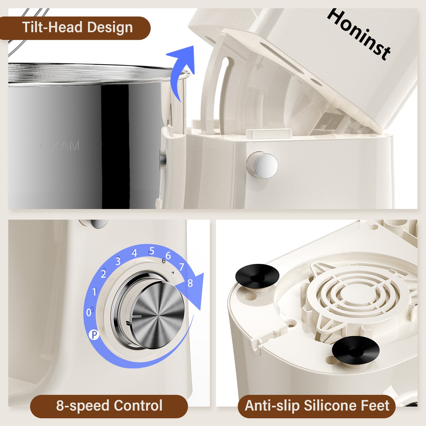 Honinst 6 QT Stand Mixer, Lightweight 8+P Speeds with Tilt-Head Electric Mixer, Kitchen Mixer with Dough Hook, Whisk, Beater, Bowl for Baking, Cake and Most Home Cooks