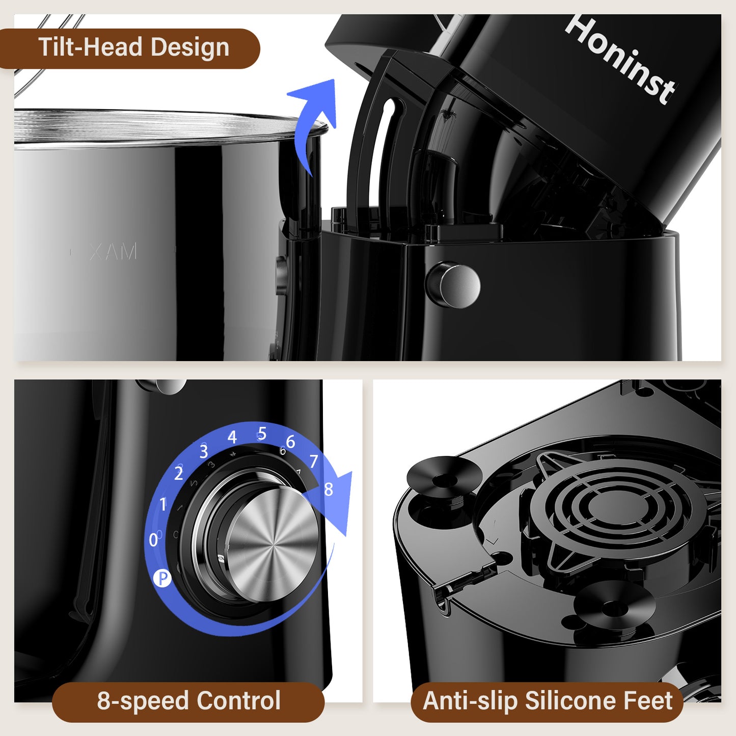 Honinst 6 QT Stand Mixer, Lightweight 8+P Speeds with Tilt-Head Electric Mixer, Kitchen Mixer with Dough Hook, Whisk, Beater, Bowl for Baking, Cake and Most Home Cooks