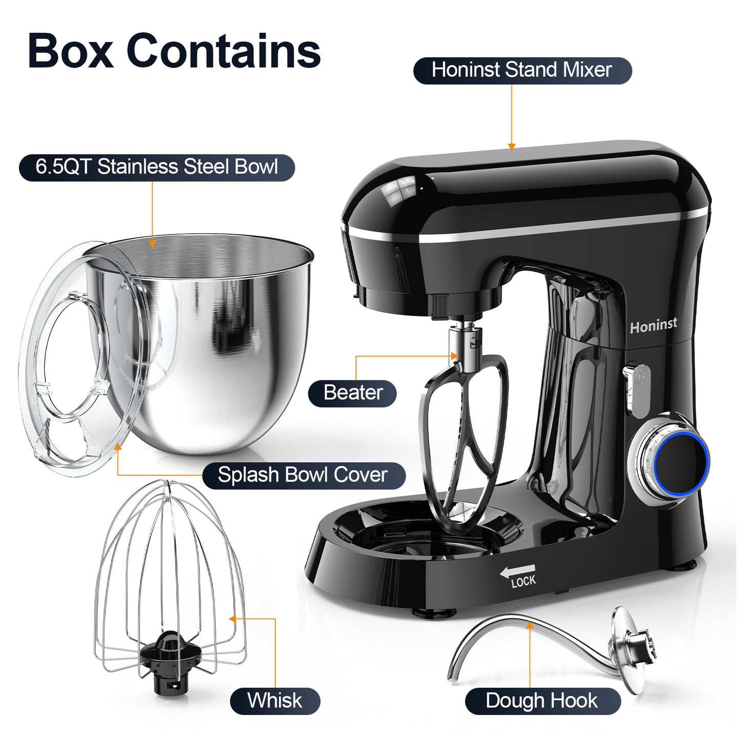 Honinst 6.5 QT Electric Stand Mixer, 10+P Speeds Lightweight with Tilt-Head Kitchen Stand Mixer, Dough Hook, Whisk, Beater and Bowl, Food Mixer for Baking, Cake and Most Home Cooks