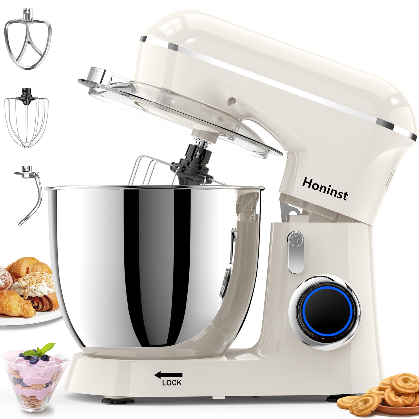 Honinst 6.5 QT Electric Stand Mixer, 10+P Speeds Lightweight with Tilt-Head Kitchen Stand Mixer, Dough Hook, Whisk, Beater and Bowl, Food Mixer for Baking, Cake and Most Home Cooks