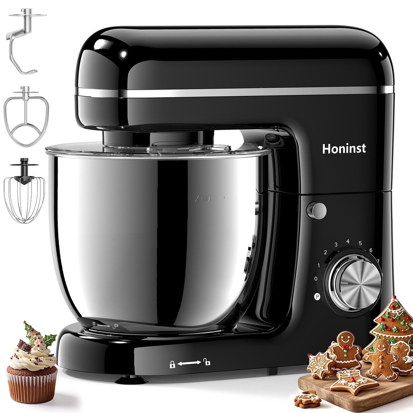 Honinst 6 QT Stand Mixer, Lightweight 8+P Speeds with Tilt-Head Electric Mixer, Kitchen Mixer with Dough Hook, Whisk, Beater, Bowl for Baking, Cake and Most Home Cooks